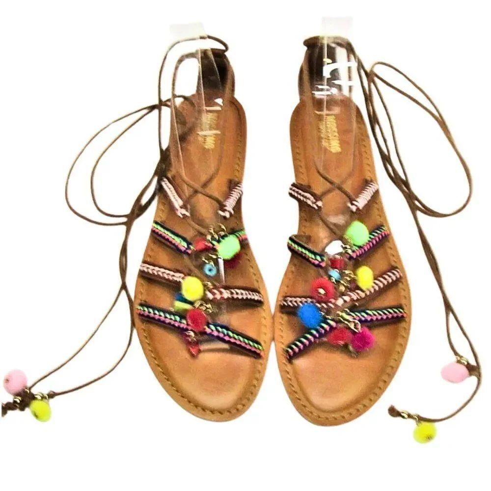 Mossimo Flats Sandals Lace-up Leg Pom-Poms & Beads Kayla Multi-Color Size 7.5